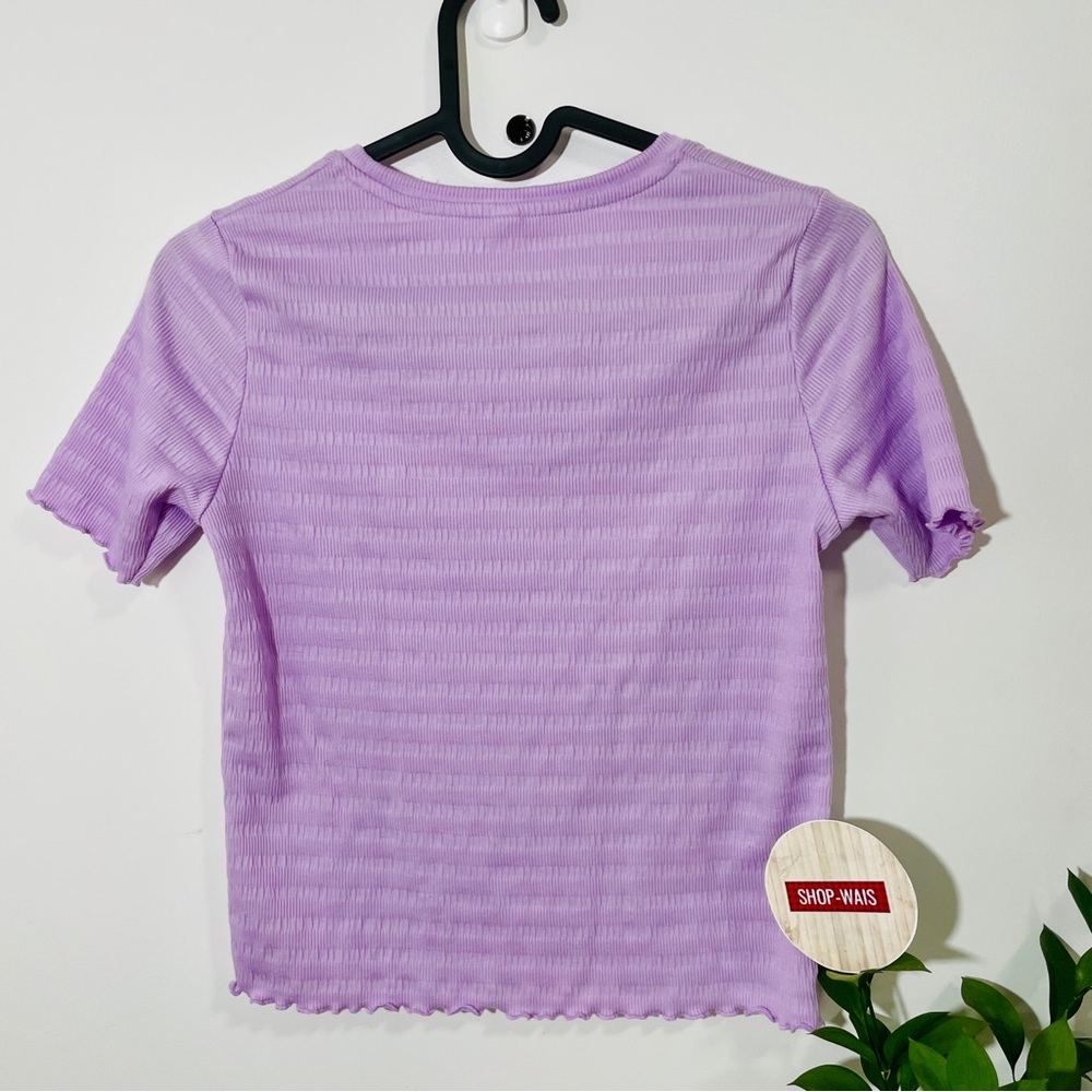 Uniqlo Kid's Shirred Frilled Hem T-Shirt Purple Striped Short Sleeve Top - Picture 2 of 3